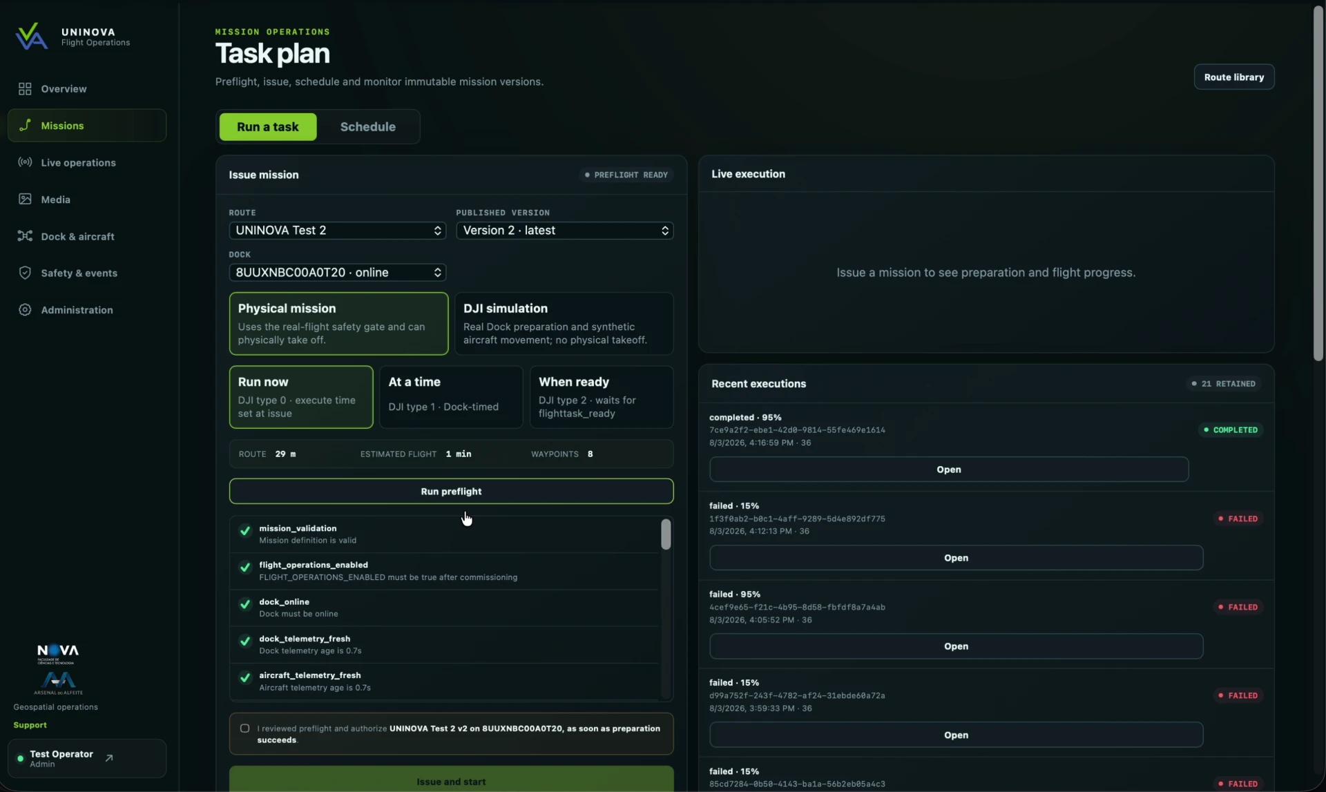 Timoneiro task plan screen with preflight checks, dock selection and recent executions